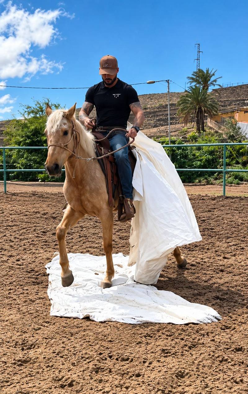 Lorenzo montado en un caballo palomino que pisa una lona en la pista